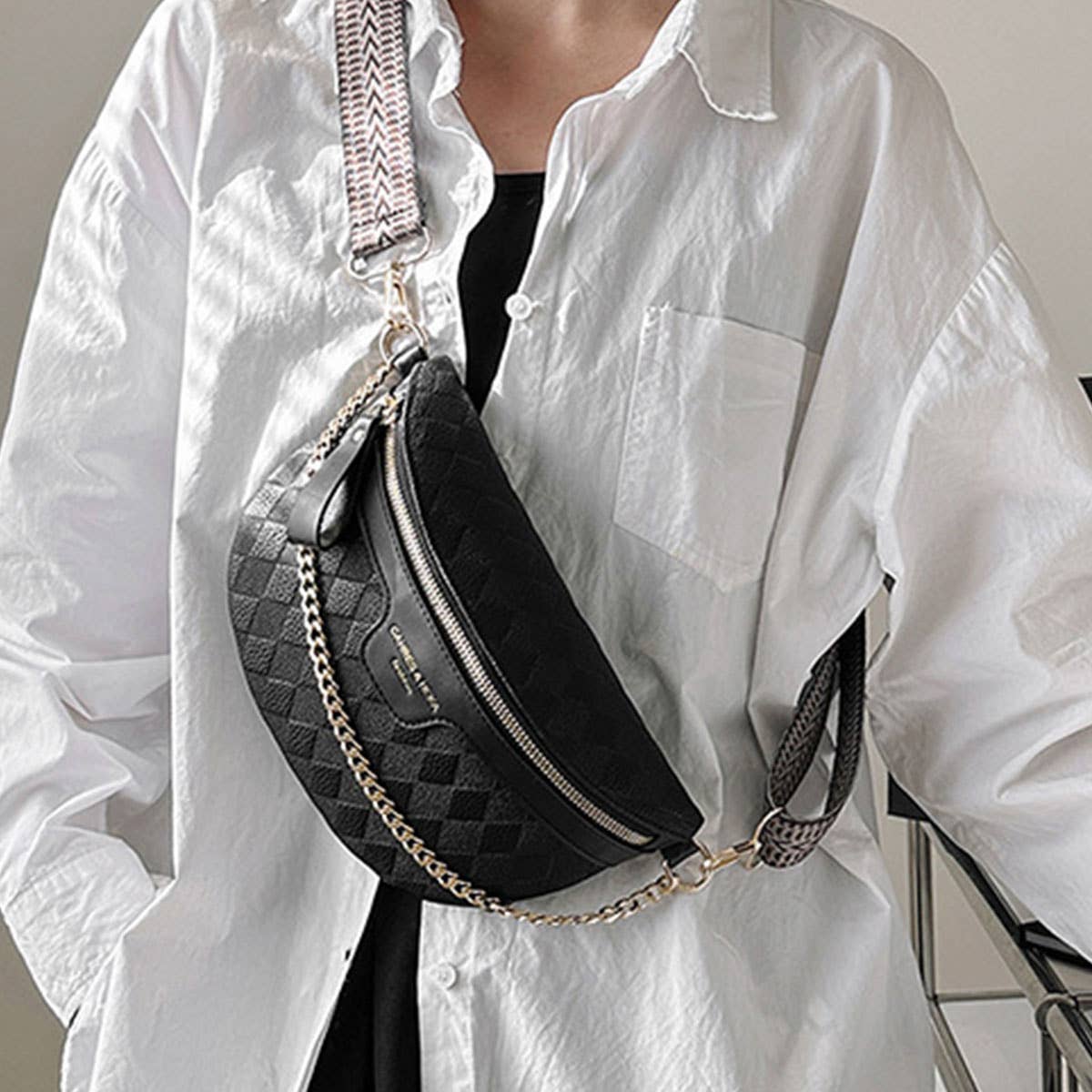 Checkered Chain Strap PU Crossbody Chest Bag_CWAB0911
