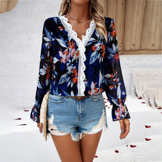 Temperament casual printed long sleeve V-neck shirt