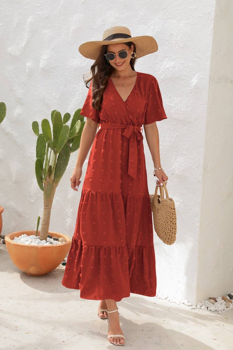 CWDMD2150_V NECK HIGH WAISTED SHORT SLEEVED LONG DRESS