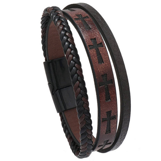 MULTI-LAYER HAND-WOVEN PU LEATHER CROSS BRACELET