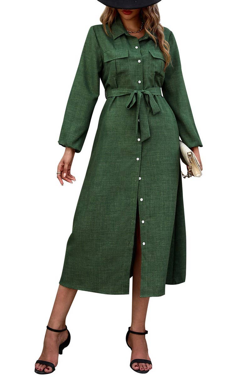 CWDMD3070_SOLID COLOR LAPEL TIE LONG SLEEVE DRESS