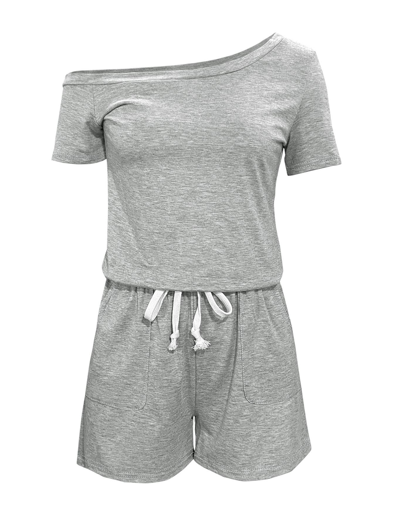 Off-the-shoulder short-sleeved lace-up jumpsuit