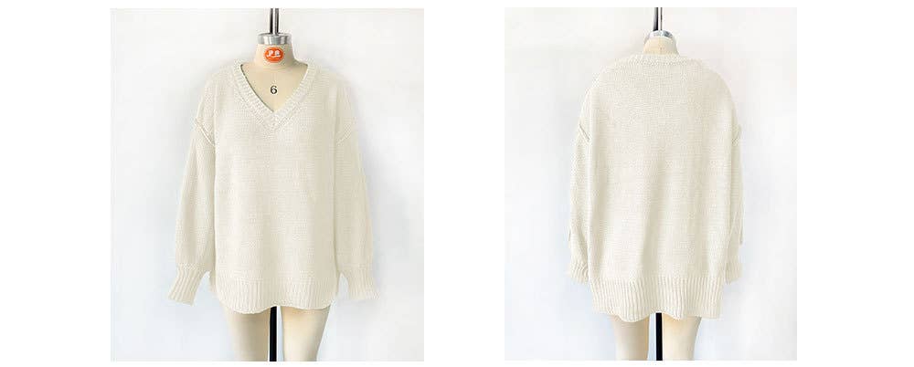 V-neck loose solid color long-sleeved sweater