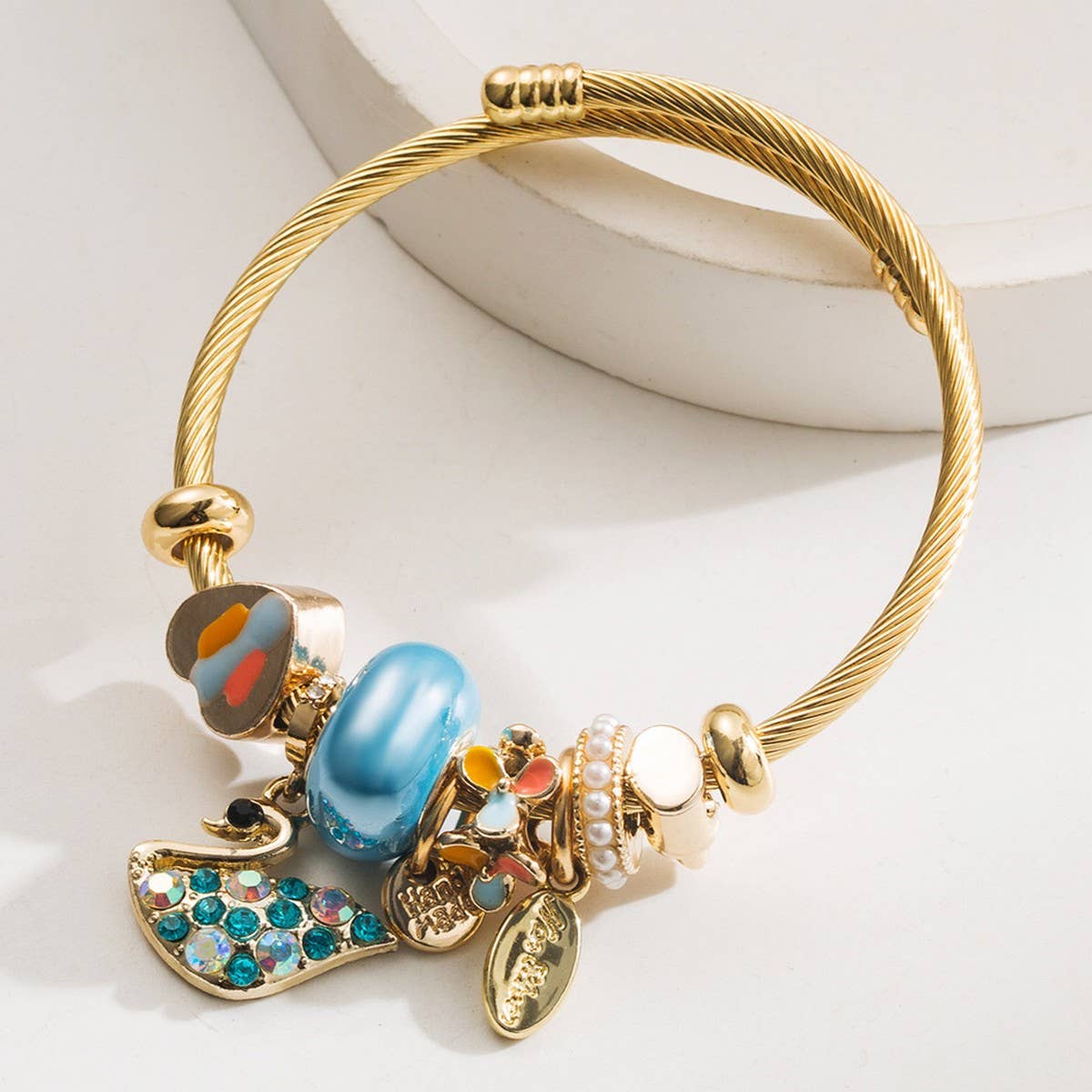 Gold Alloy Swan Charm Adjustable Bracelet