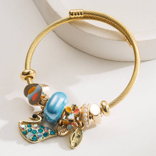 Gold Alloy Swan Charm Adjustable Bracelet