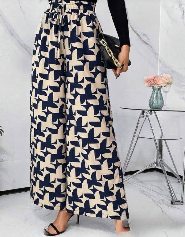 ELASTIC-WAISTED PRINTED BAGGY WIDE-LEG PANTS