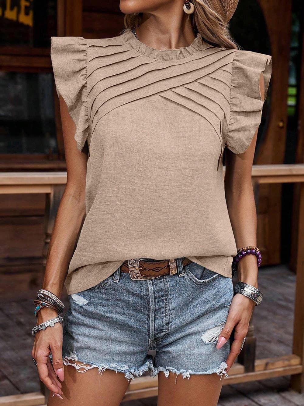 Ruffled sleeves pressed pleated short sleeve top