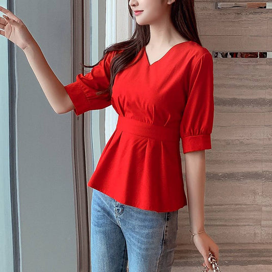 Slim short-sleeved T-shirt with tight waist V-neck