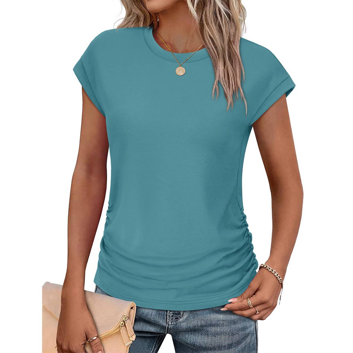 Solid color round neck waistline T-shirt
