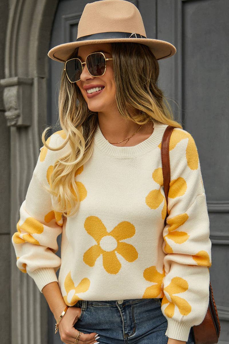 WOMEN FLOWER PATTERN SLIM KNITTED SWEATER_CWOSWL1448