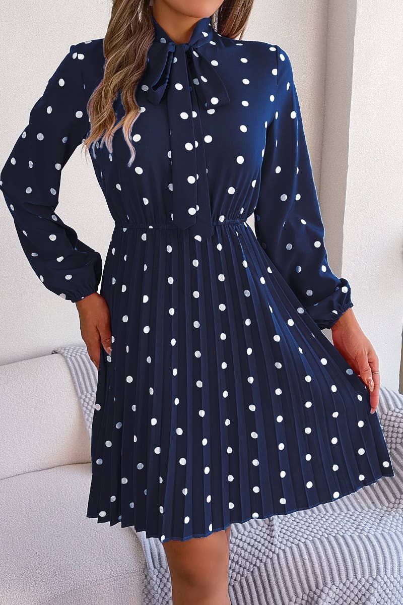 CWDSD4684_SUMMER POLKA-DOT WAIST LONG SLEEVE PLEATED DRESS