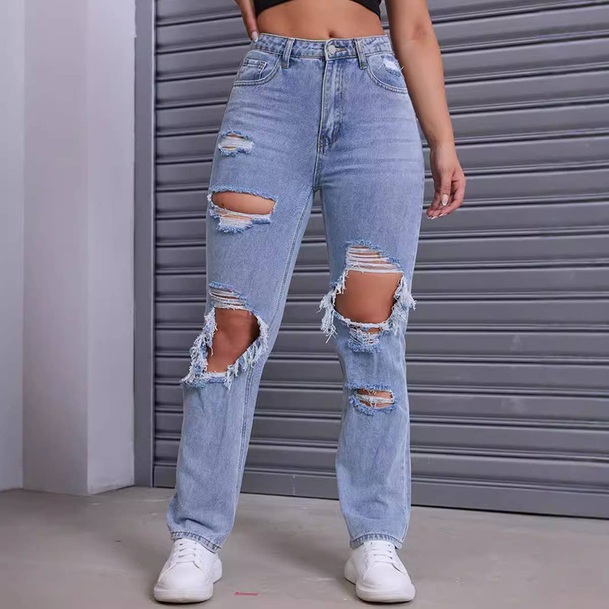 Perforated straight-leg personalized street jeans