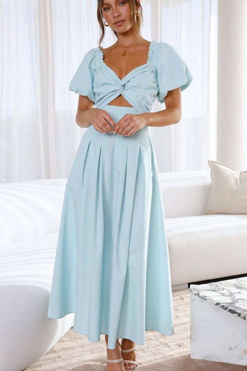 CWDMD5652_SOLID V-NECK LONG PUFF SLEEVE SLIM MAXI DRESS