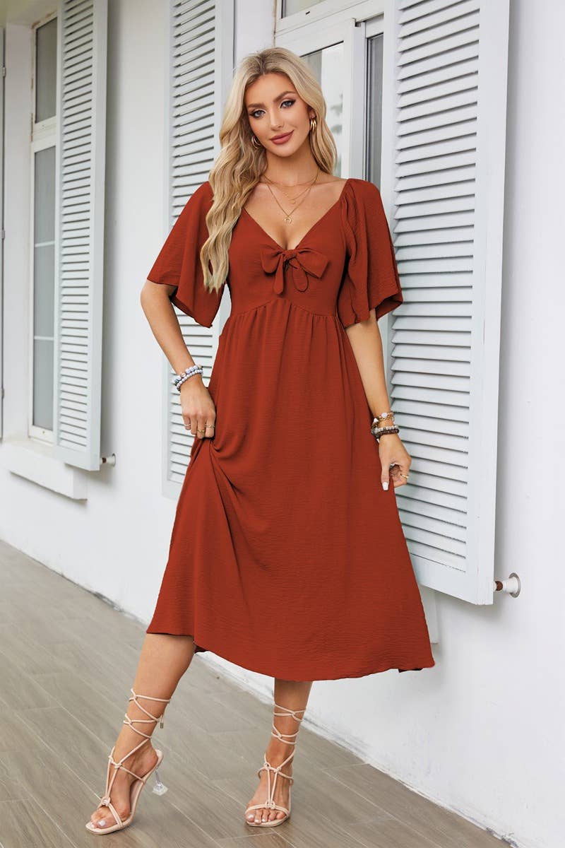 V-neck bow pleated mid-length short-sleeved dress