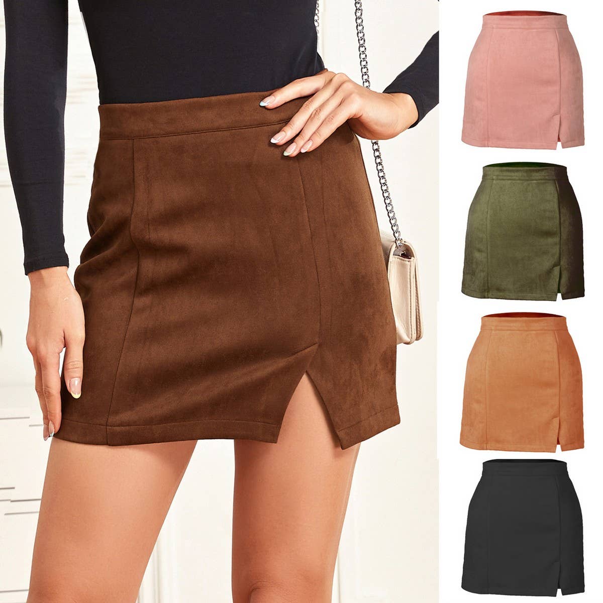 SUEDE HIP-HUGGING MINISKIRT HIGH WAIST ZIPPER SKIRT_CWAB4796