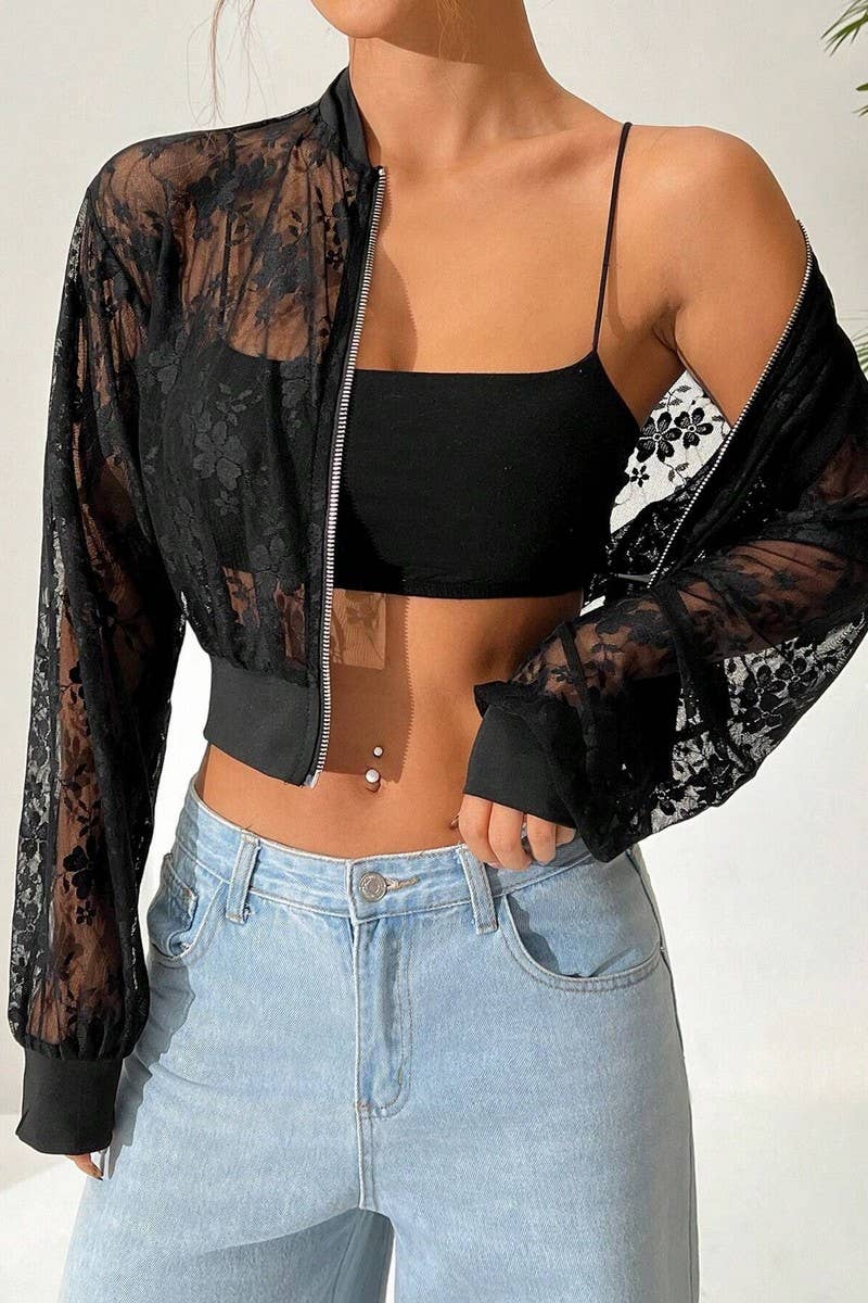 CWOCO1139_JACQUARD LACE SEE-THROUGH ZIP-UP BOMBER JACKET