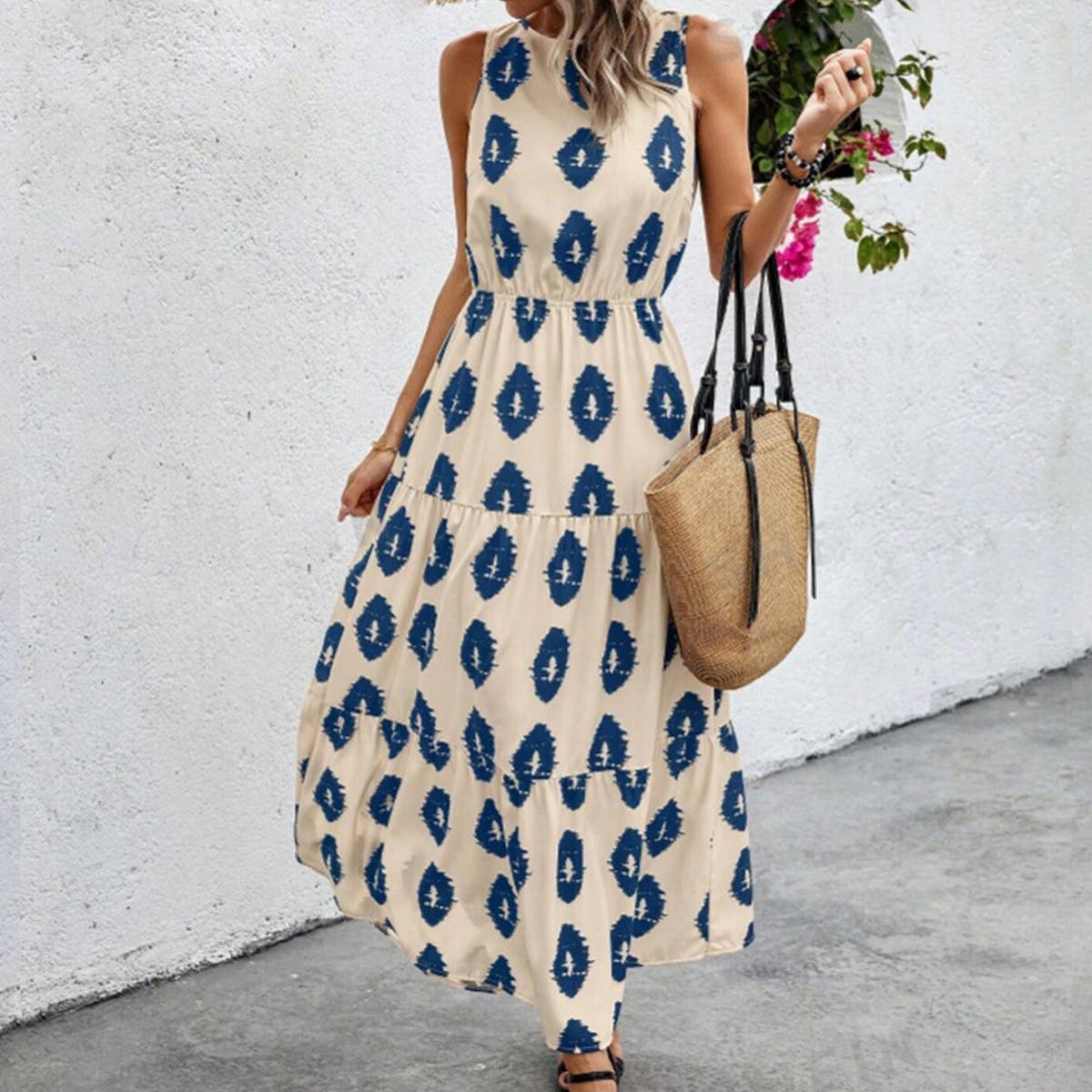 Long boho print dress with waist tucked in