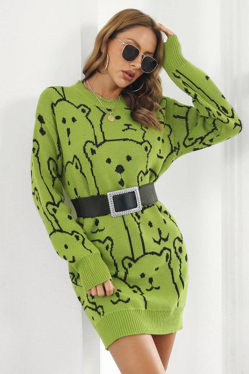 CWDSD7336_SWEET LOOSE BEAR JACQUARD KNITTED DRESS
