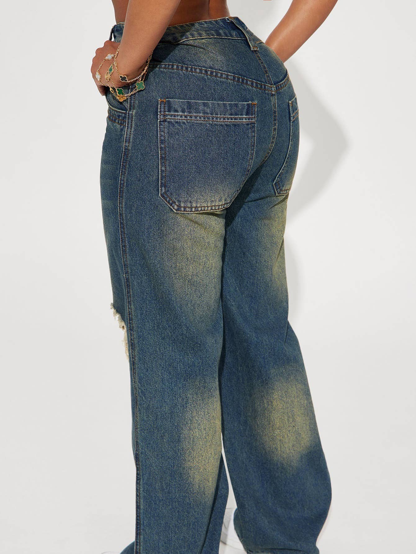 VINTAGE HEAVY WASH KNEE HOLE WIDE-LEG DENIM PANTS