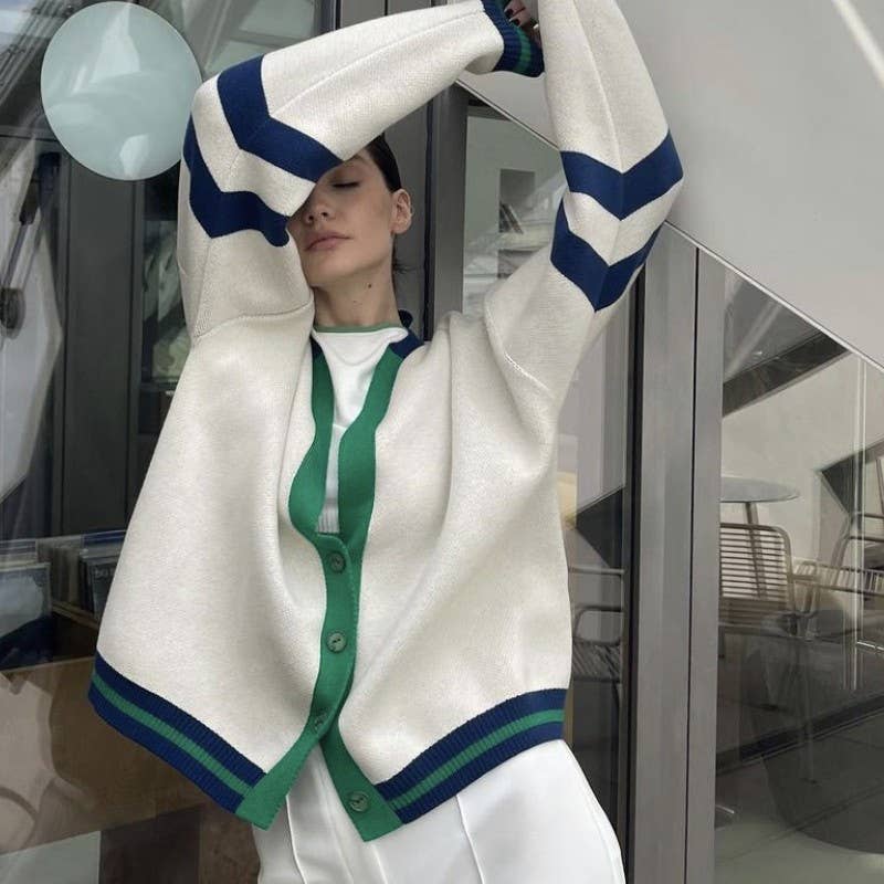 FASHION CONTRAST COLOR CARDIGAN LOOSE SWEATER