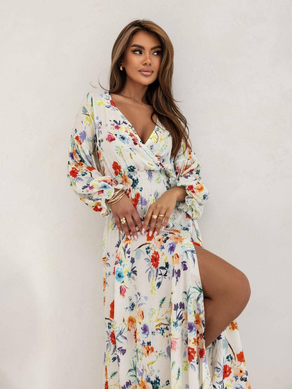 Printed V-neck lantern long sleeve slit dress