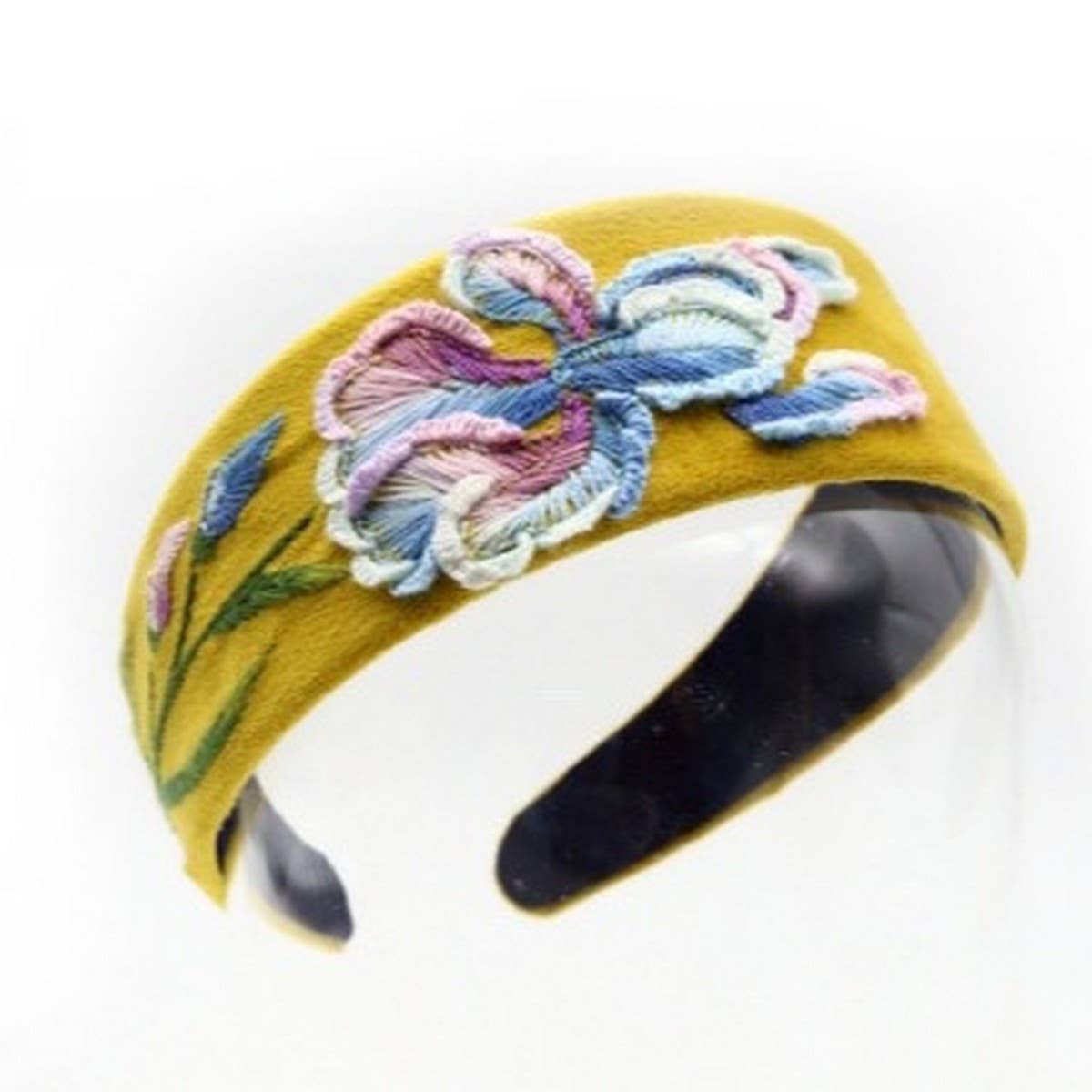 Embroidered Blue Floral Headband with Wide Band