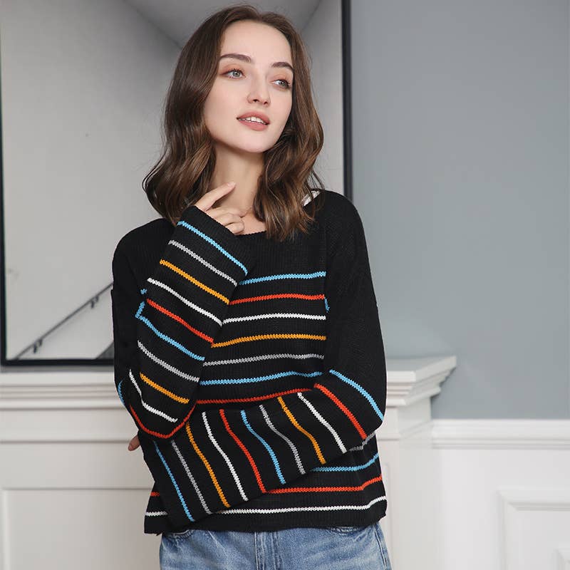 FASHION CASUAL STRIPED MATCHING COLOR SWEATER