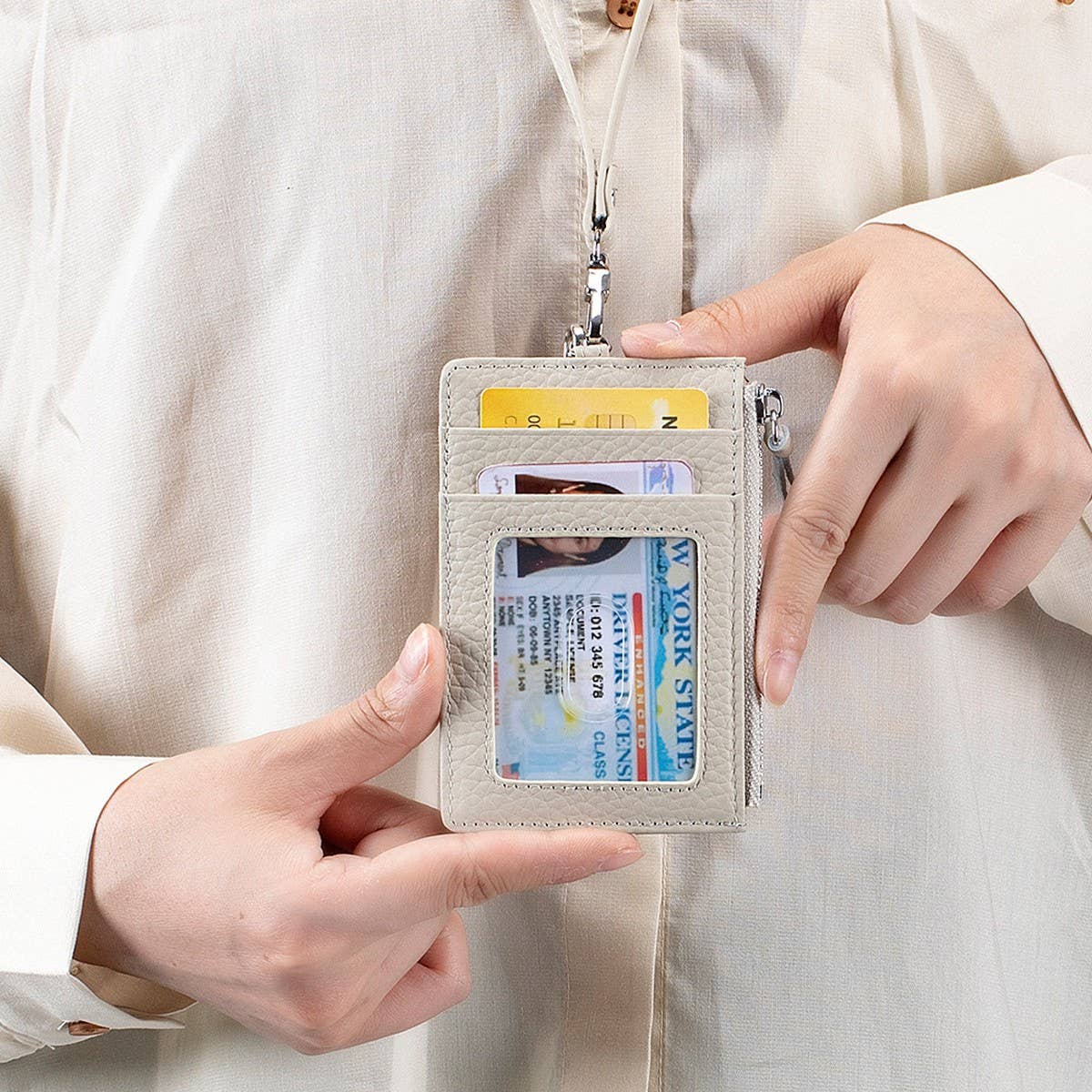 GENUINE LEATHER CARD HOLDER WITH ZIP-LOCK LANYARD_CWAB3828