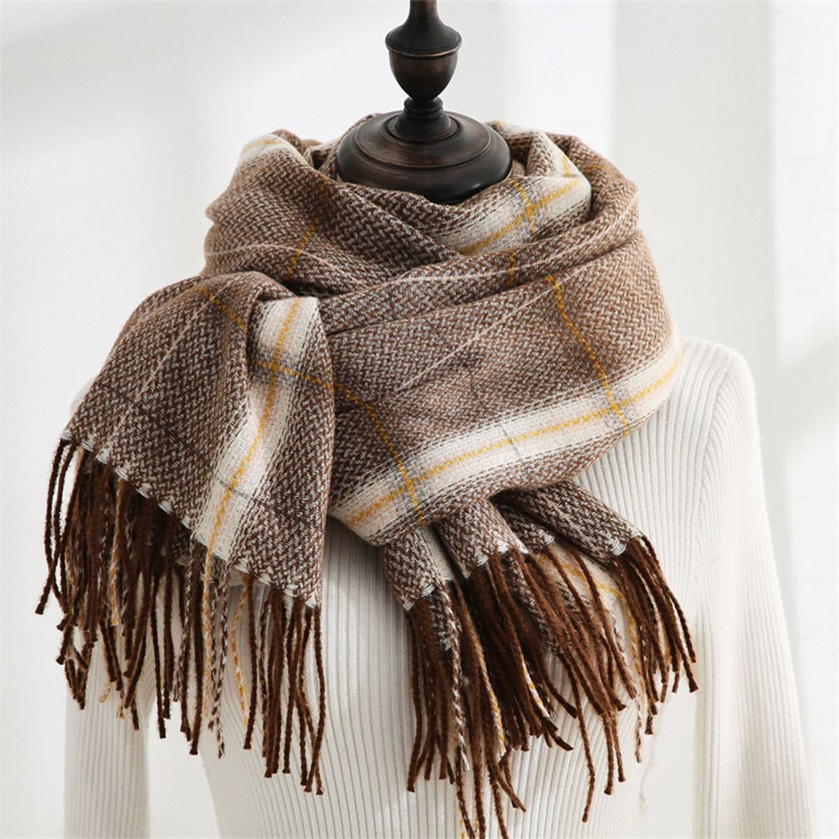 Plaid Faux Cashmere Scarf - Tassel Winter Shawl_CWASC0218