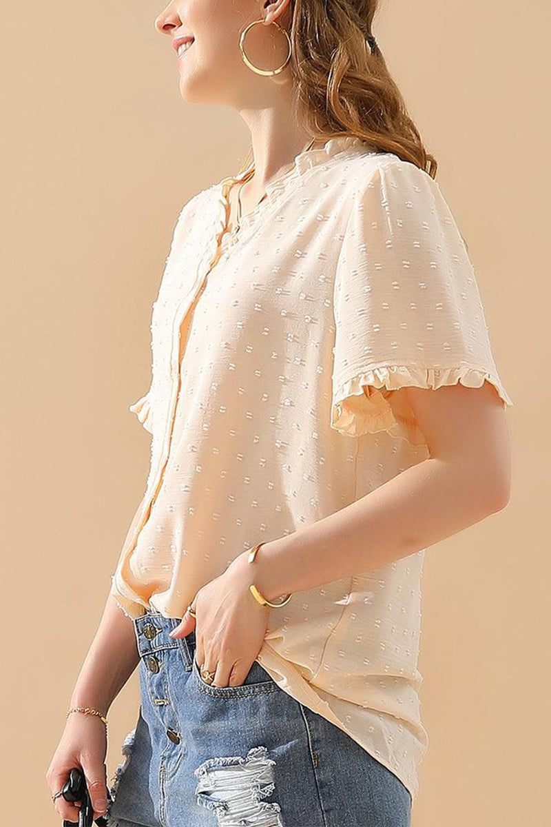 LACE V NECK PRINCESS SLEEVES CHIFFON DOT BLOUSE