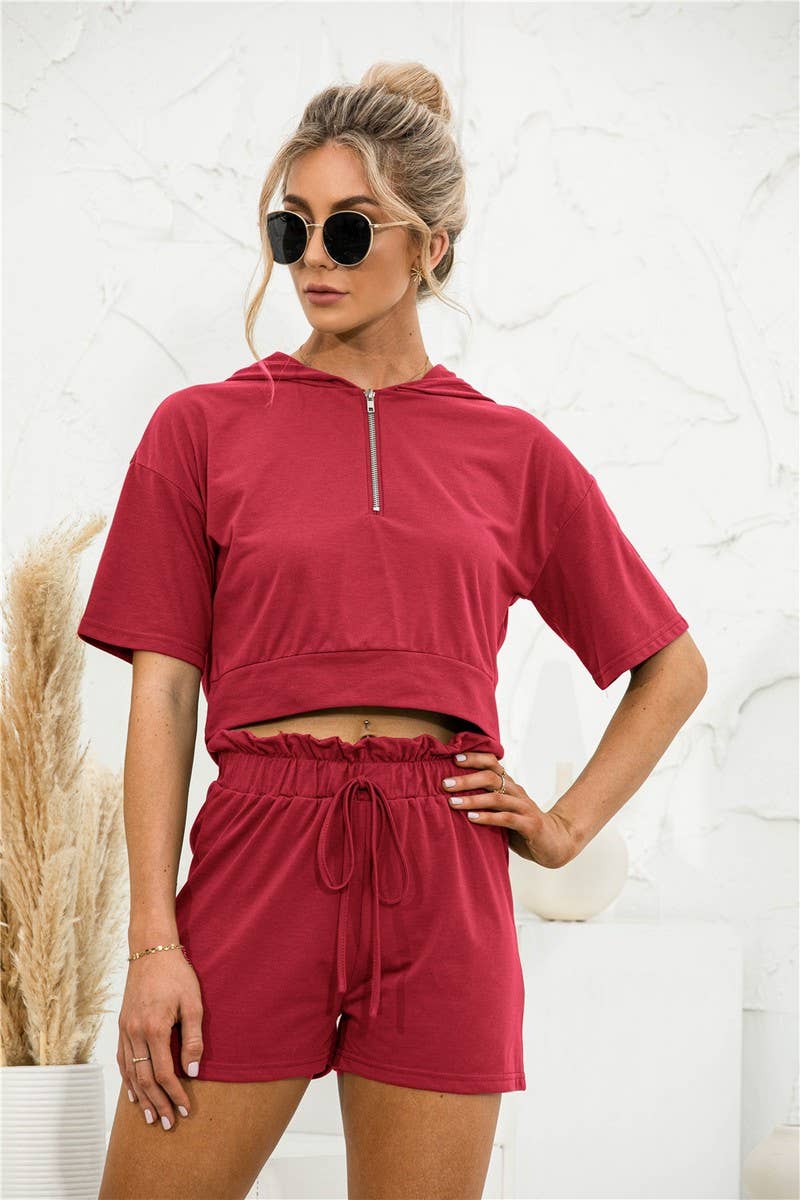 SOLID COLOR HOODED ZIPPER SHORTS CASUAL SUIT_CWSTB0437