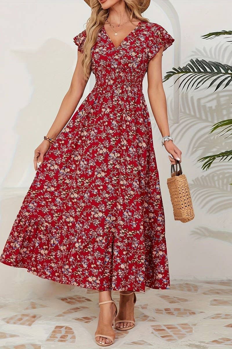 CWDMD6114_V-NECK FLORAL FRENCH STYLE SHORT SLEEVE DRESS