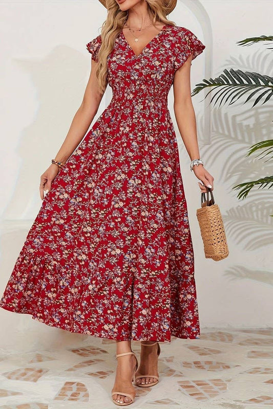 CWDMD6114_V-NECK FLORAL FRENCH STYLE SHORT SLEEVE DRESS