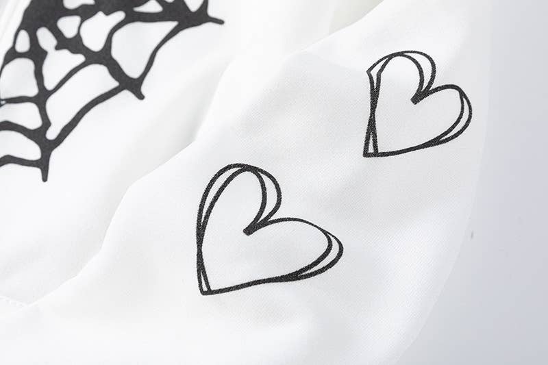 SPIDER WEB HEART ZIPPER FLEECE HOODED CARDIGAN