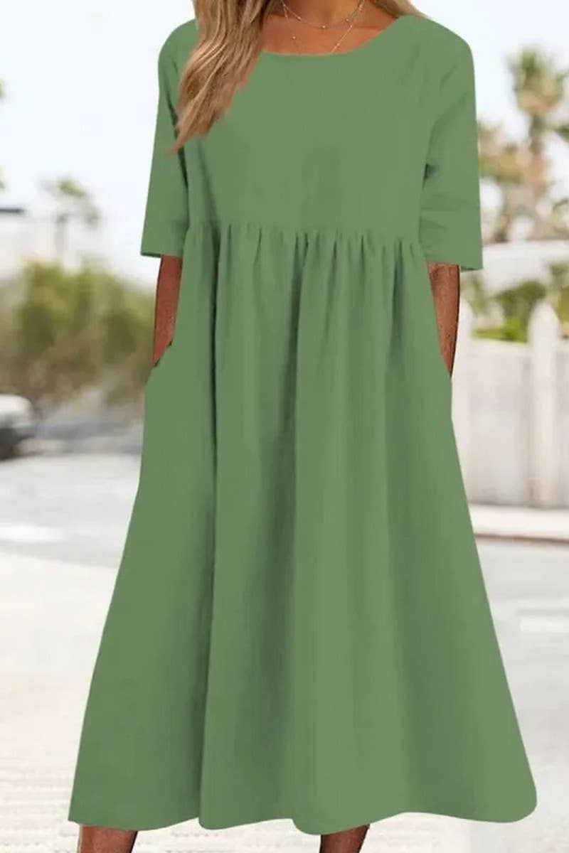 CWDMD01005_ROUND NECK SOLID COLOR COTTON AND LINEN DRESS