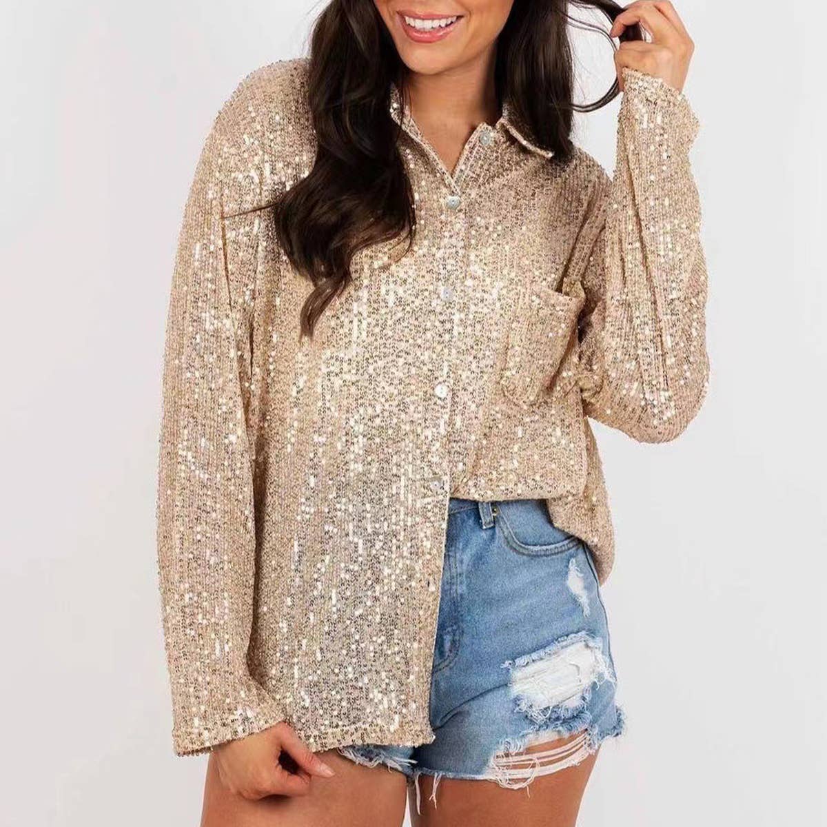 STYLISH SEQUIN LONG-SLEEVED LAPEL STYLE SHIRT
