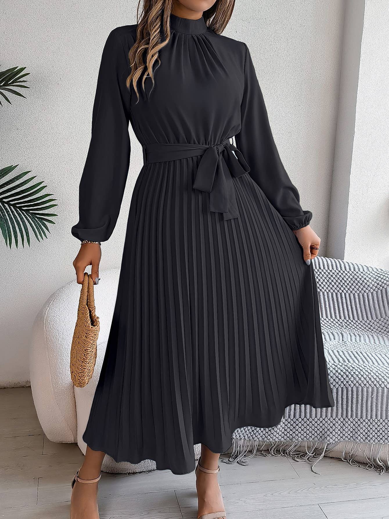 STANDING COLLAR LONG SLEEVE PLEATED LONG DRESS