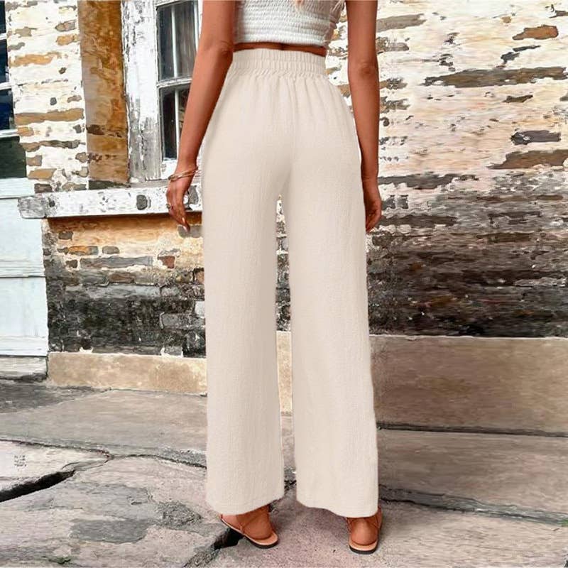 High Waist Elastic Straight Pants with Pockets
