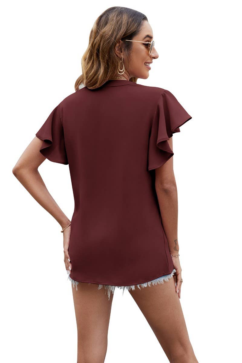 V NECK FLY SLEEVE SHORT SLEEVE CHIFFON TOP_CWTSTS0214