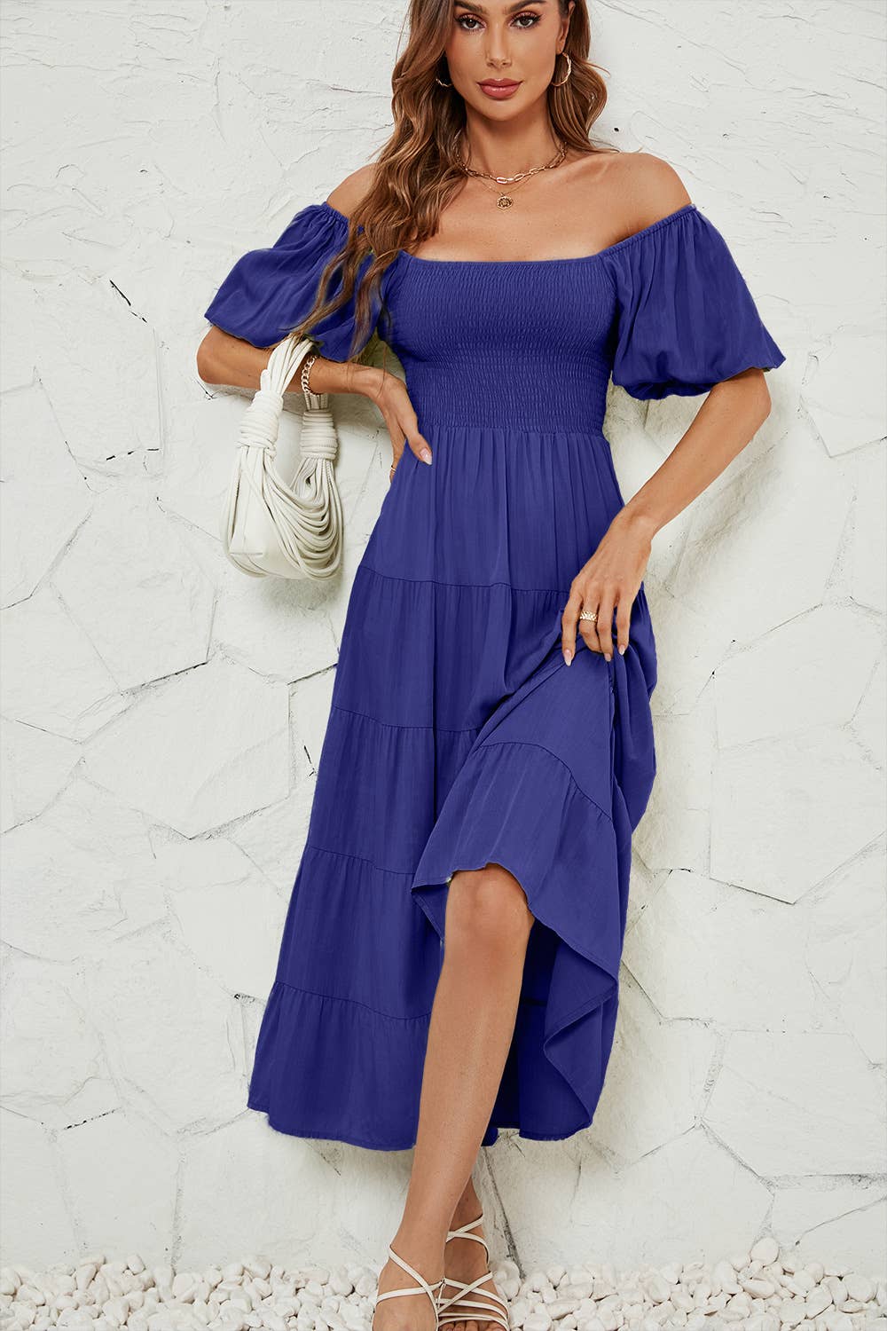 Solid-color high-waisted cinched waist dress