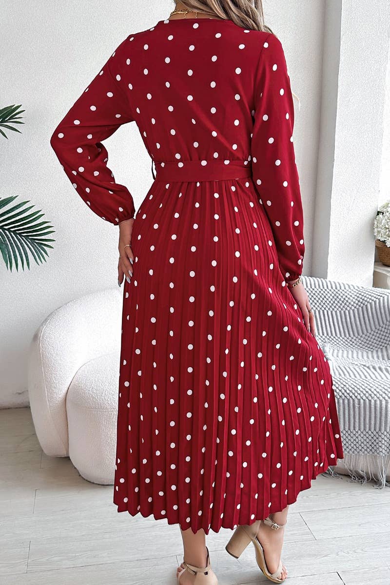 CWDMD3444_POLKA DOT CROSS V-NECK PLEATED DRESS LONG
