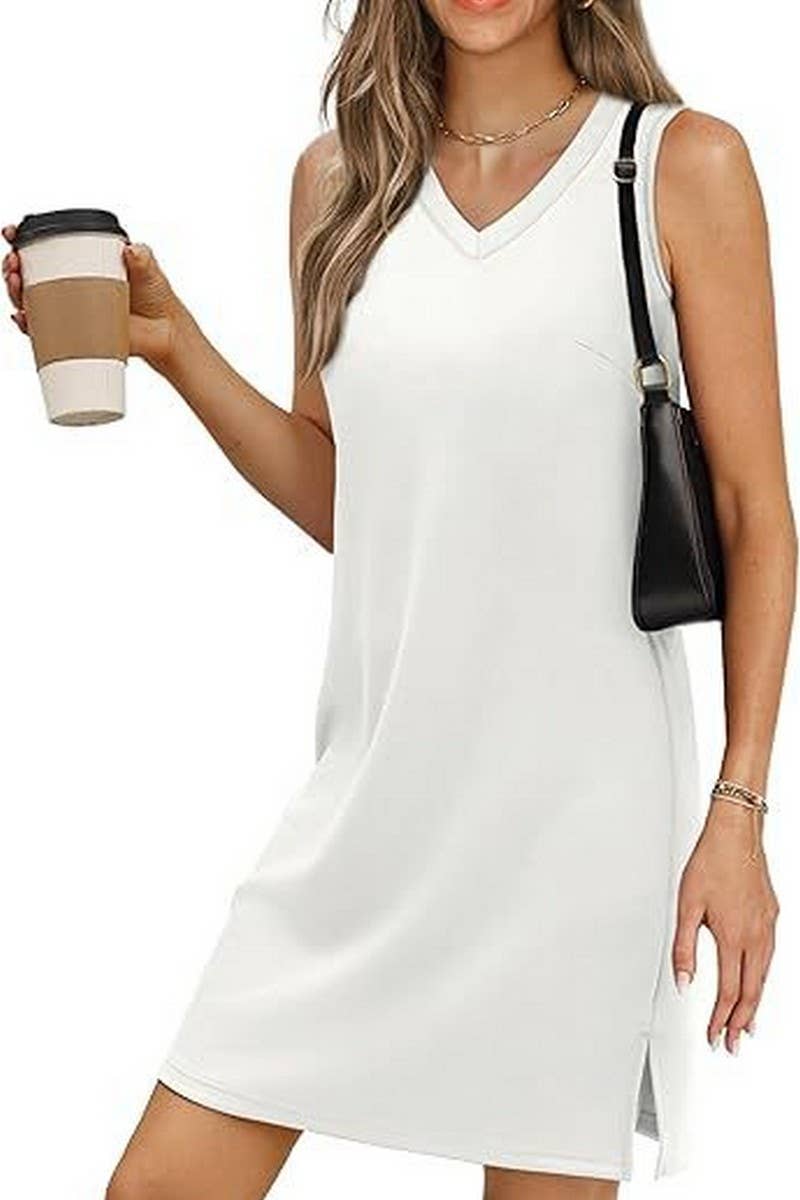 CWDSD8777_V-NECK SLEEVELESS BOTTOM SLIT SOLID COLOR VEST DRE