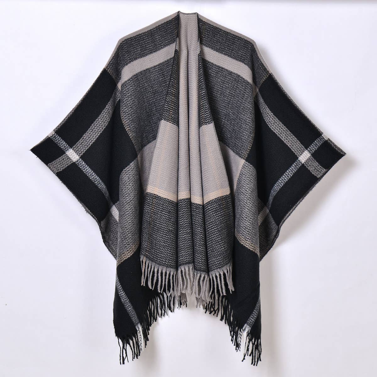 WOMEN THICKENED TASSEL PINSTRIPE SHAWL CAPE