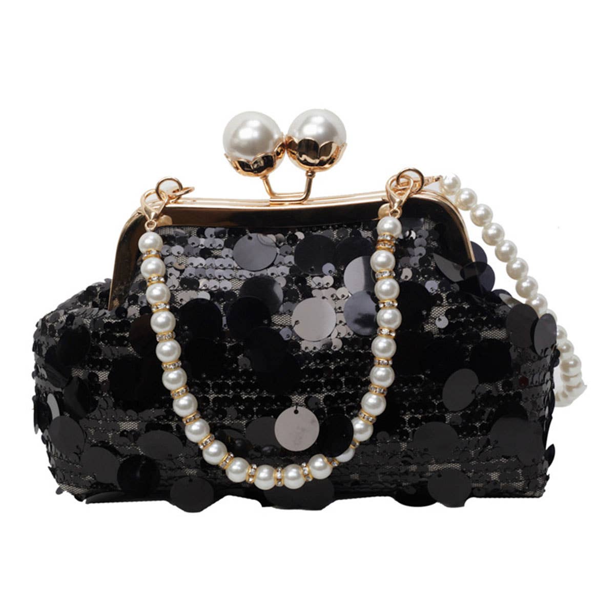 Fashionable sequined shell pearl chain dinner bag