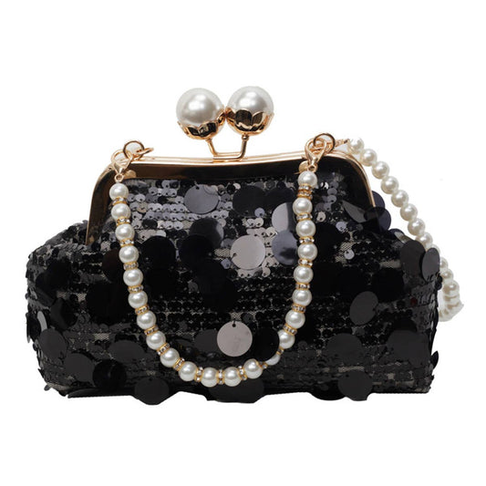 Fashionable sequined shell pearl chain dinner bag