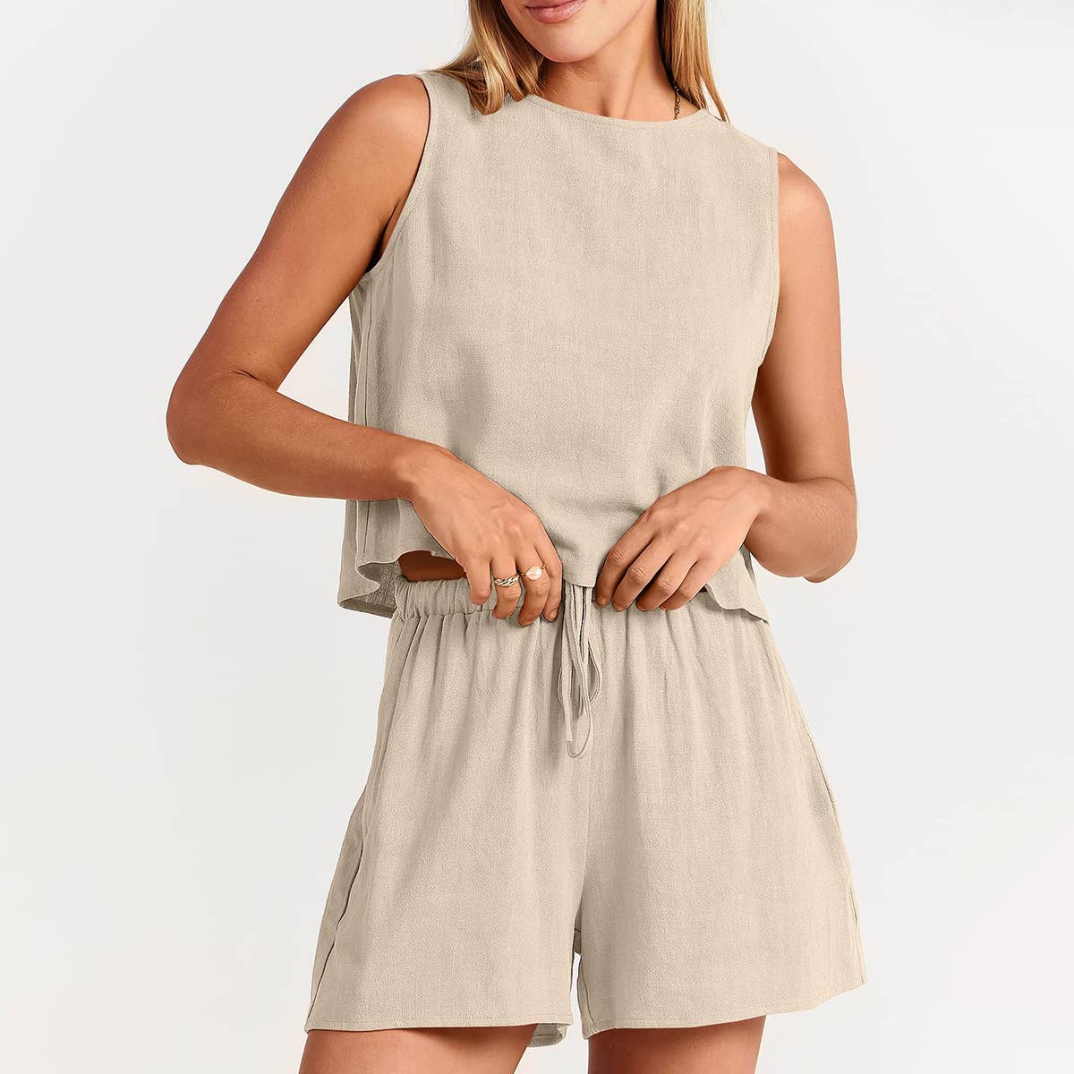 STYLISH SLEEVELESS BLOUSE SHORTS TWO PIECE SET_CWSTB0495