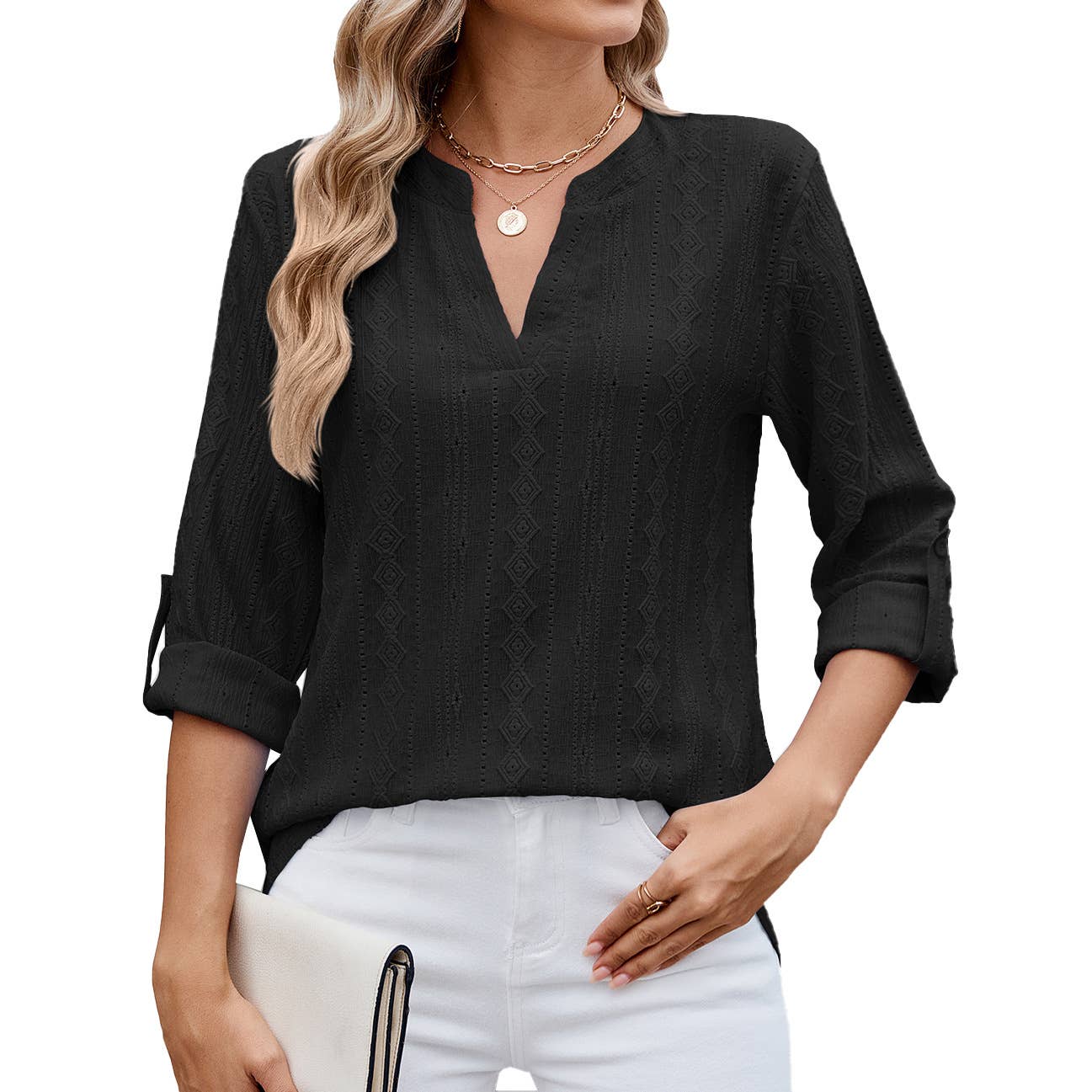 V-neck mid-sleeve button-up jacquard T-shirt