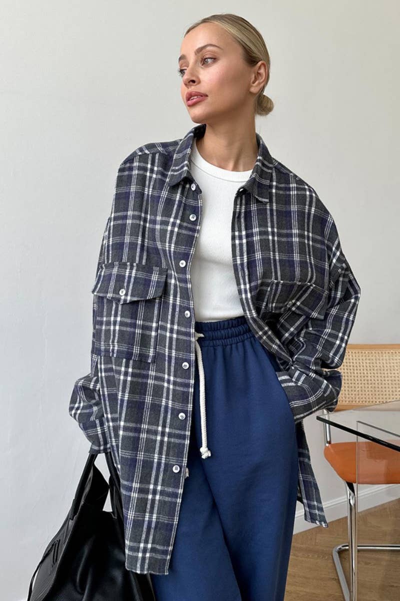 Cwtstl2319_Vintage Plaid Pocket Long Sleeve Shirt Top