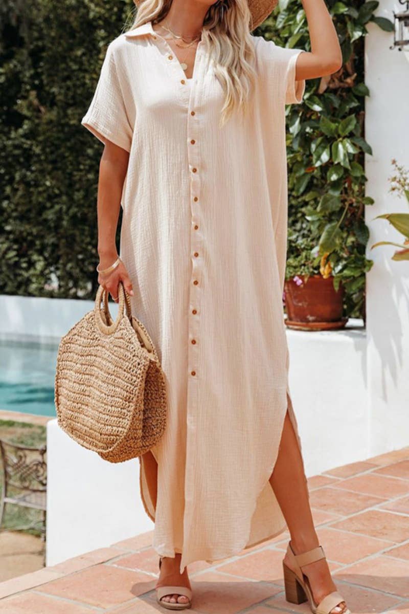 CWDMD3113_SHORT-SLEEVED SINGLE-BREASTED SHIRT DRESS LONG