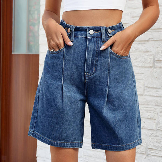 WASHED WAIST ADJUSTABLE DENIM QUARTER SHORTS